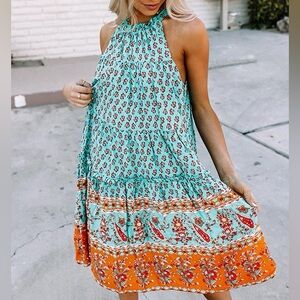 Impressions Bohemian Ruffle Floral Print Halterneck  Dress Size 2X